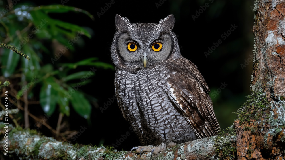 Obraz premium Close-up of a majestic owl perched on a tree branch at night in a forest with glowing yellow eyes and detailed feathers