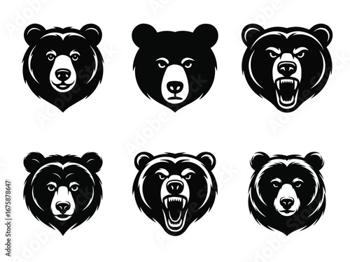 Six black bear heads artistic rendering wildlife art collection vector
