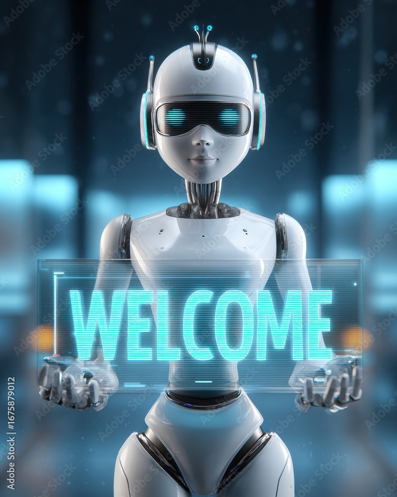 Naklejka premium Futuristic AI Humanoid Robot Receptionist Holding Holographic Welcome Sign.
