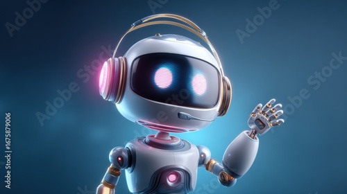 3D Cute AI Chatbot Robot with Headset and Glowing Eyes Waving Hand.