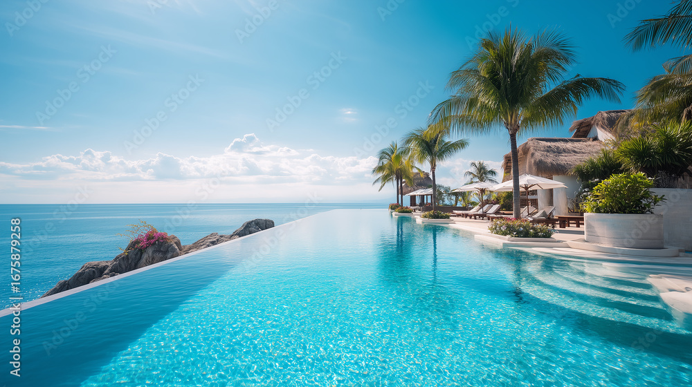 Naklejka premium Luxury Tropical Infinity Pool Overlooking the Ocean with Palm Trees and Resort Lounge Area on a Sunny Day 