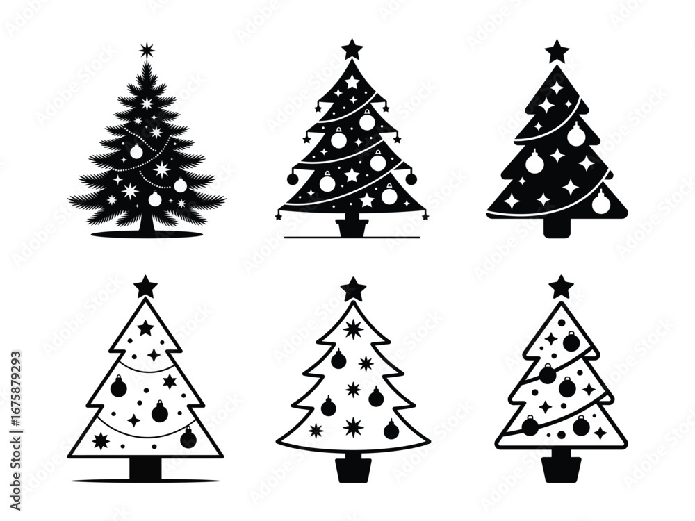 Obraz premium Diverse collection of stylized christmas trees for festive design vector