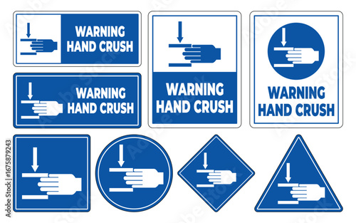 Various Warning Signs Indicating Risk of Hand Crush in Blue and White Design
