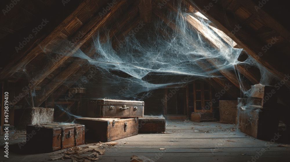 Obraz premium An abandoned attic filled with cobwebs, dust, and old wooden trunks under dim light