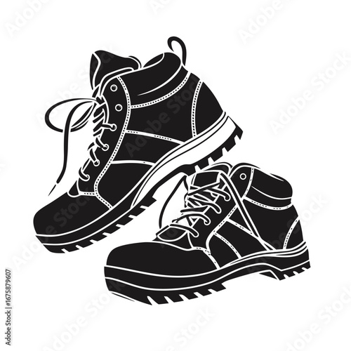 Black and white illustration of two sturdy work boots with laces, perfect for outdoor adventures and demanding jobs