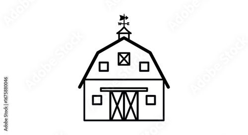 Classic Black and White Line Drawing of a Barn with Weathervane.