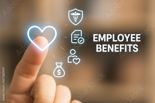 Employee benefits concept with finger pointing heart icon and medical, money, and approval