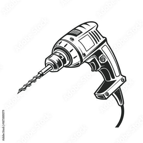 Retro styled power drill illustration with drill bit ready for use, perfect for DIY and construction projects