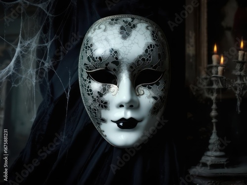 Ornate masquerade mask, dark background, Halloween theme.
