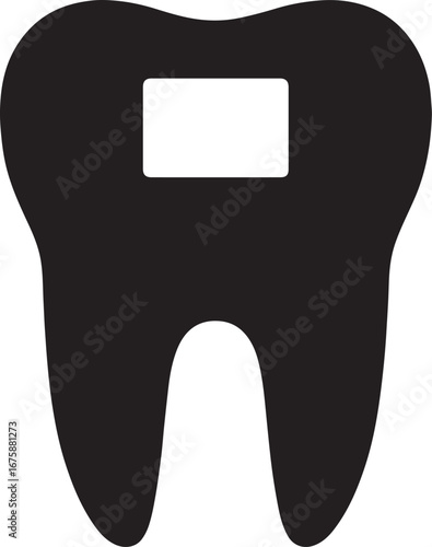 Black silhouette of tooth with filling glyph, ideal for dental, cavity, and oral care designs.