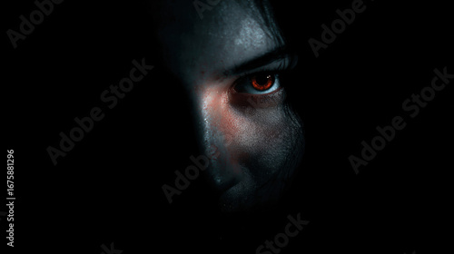 Close-up of a mysterious face half hidden in darkness, one glowing red eye staring with intensity