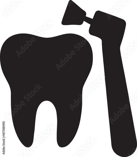 Black silhouette of tooth with polishing tool, ideal for dental cleaning, care, and oral health designs.