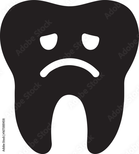 Black silhouette of tooth with sad face, representing toothache, ideal for dental and oral care designs.