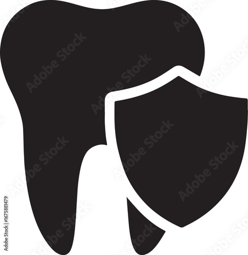 Black silhouette of tooth with shield, representing protection, ideal for dental and oral care designs.
