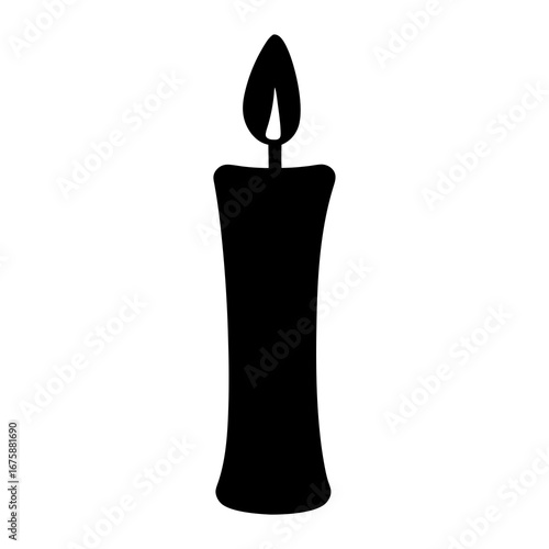 Black silhouette of a wax candle with burning flame on white background