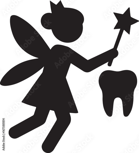 Black silhouette of tooth fairy pictogram, ideal for dental, children, and oral care designs.