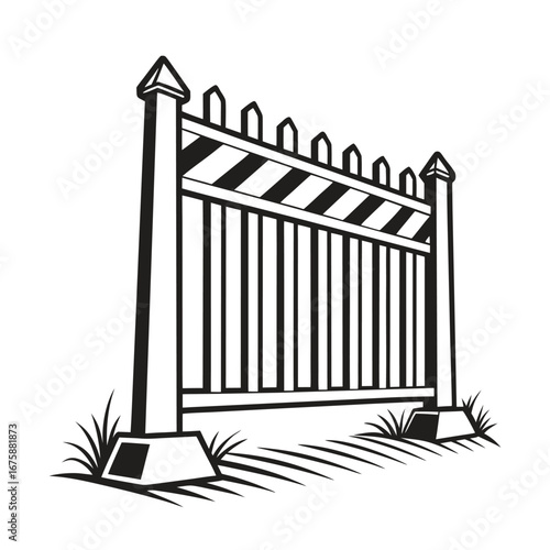 Black and white silhouette illustration of a wooden fence with grass details, perfect for designs