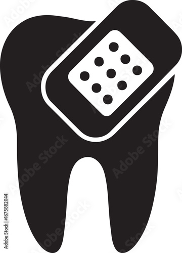 Black silhouette of tooth with bandage, representing dental care and protection, ideal for oral health designs.