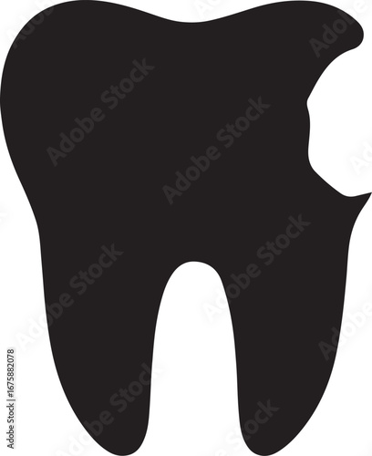 Black silhouette of tooth with cavity icon, perfect for dental, oral care, and hygiene designs.