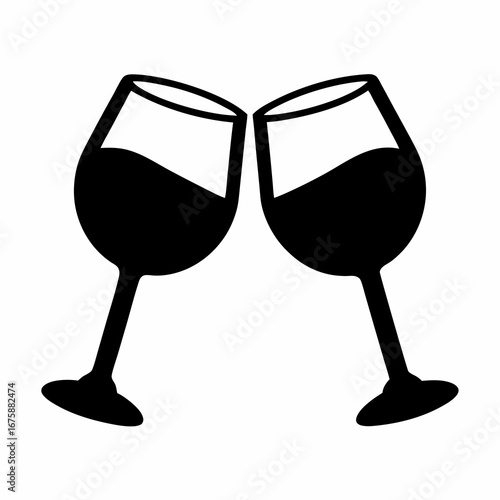 Two black wine glasses clinking together in celebration on white background
