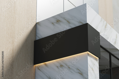 Blank black signboard mockup on luxury marble building corner for branding or logo placement in modern city retail or office exterior concept. 3D Rendering