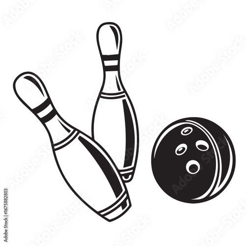 Bowling ball and pins isolated on white background in a simple design