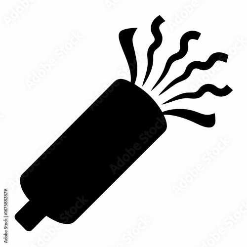 Black silhouette of a party popper with confetti on a white background