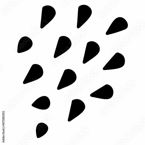 Abstract arrangement of tear drop shapes, black on white minimalist design element