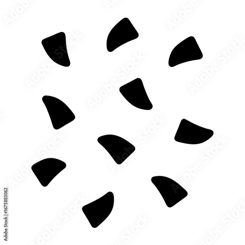 Abstract pattern of scattered black rounded triangles on a white background
