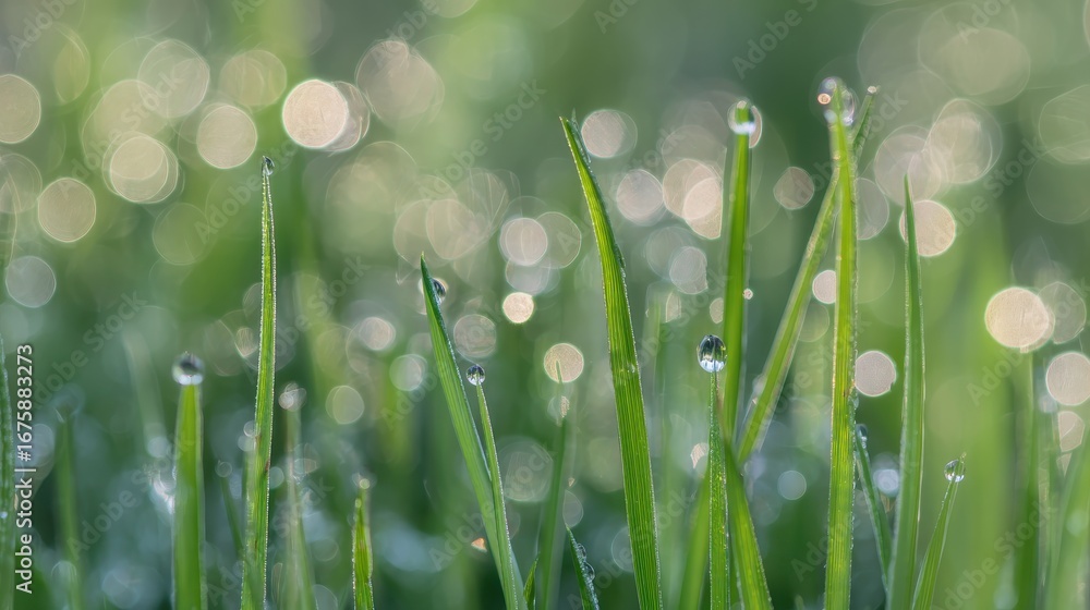 Fototapeta premium Natural beauty of early morning with sparkling dew on fresh grass representing new beginnings.