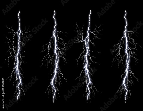 Four vertical lightning bolts against black background