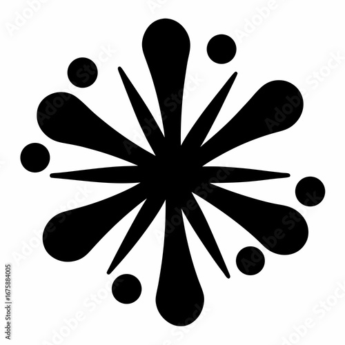 Black abstract flower with radial teardrop petals and circular elements around it
