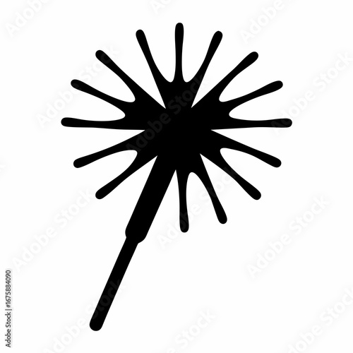 A black silhouette of a dandelion seed head in a minimalist style
