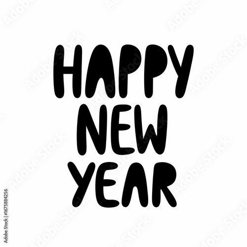 Festive black and white illustration of Happy New Year greeting message
