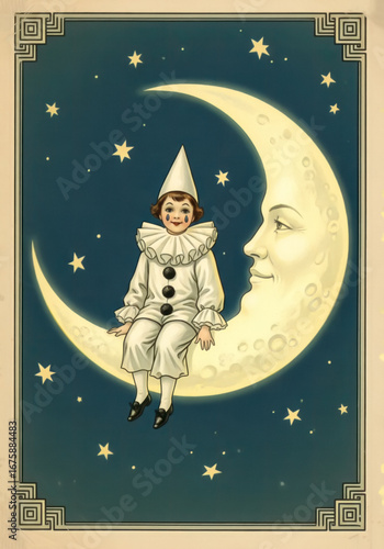 Clown Sitting on Crescent Moon with Starry Background
