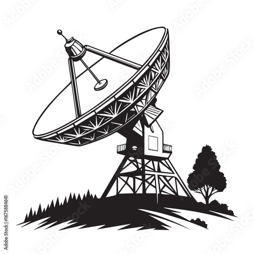 Illustration of a satellite dish antenna isolated on white background in black and white