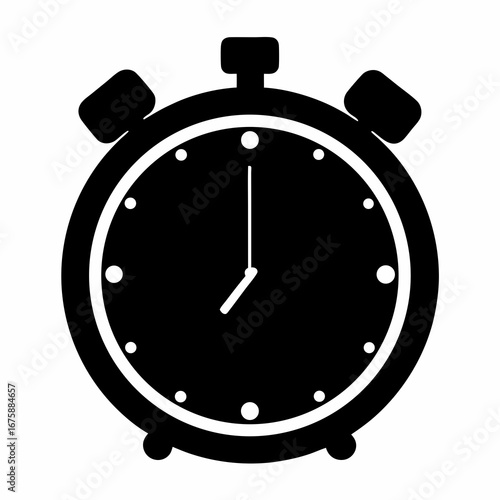 A black and white vector image of an analog alarm clock icon