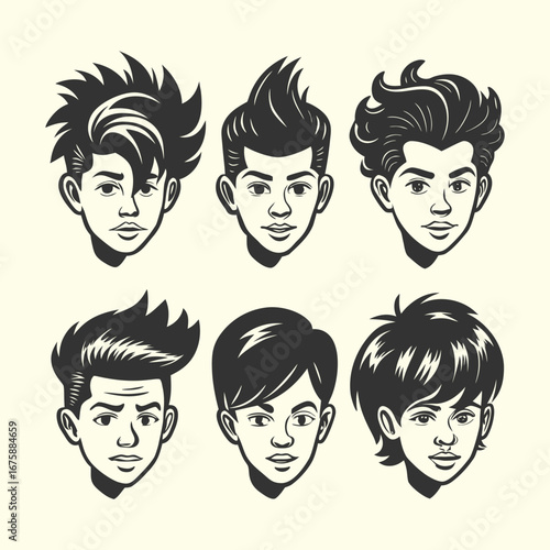Diverse Male Hairstyles Silhouettes Collection – Vector Set of Six Distinct Men’s Haircuts and Profiles for Barber, Fashion, and Character Design