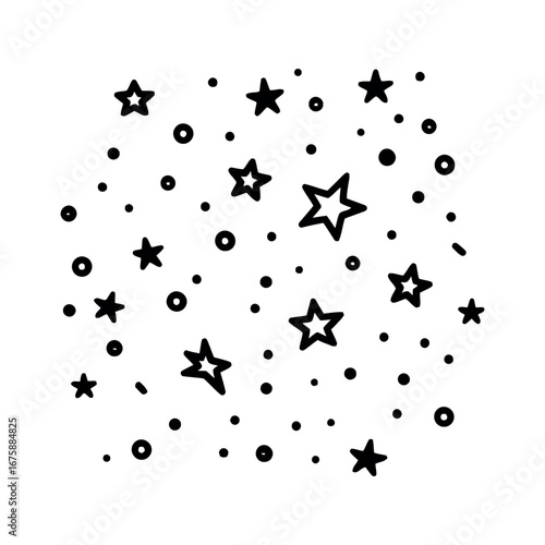 Illustration showing a collection of black stars and dots scattered across a white background in a random pattern
