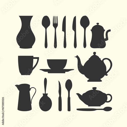 Collection of kitchenware and tableware silhouettes