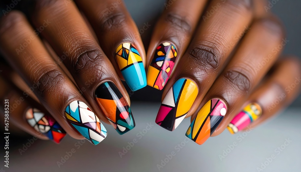 Obraz premium Colorful Geometric Patterned Manicure with Bright Nails on Dark Skin