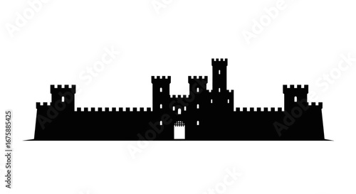 Silhouette of a Medieval Castle with Towers and Battlements.