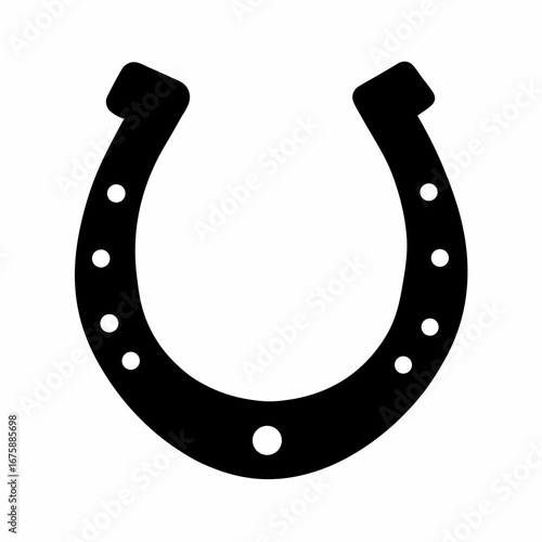A bold black horseshoe with nail holes symbolizing good luck and strength