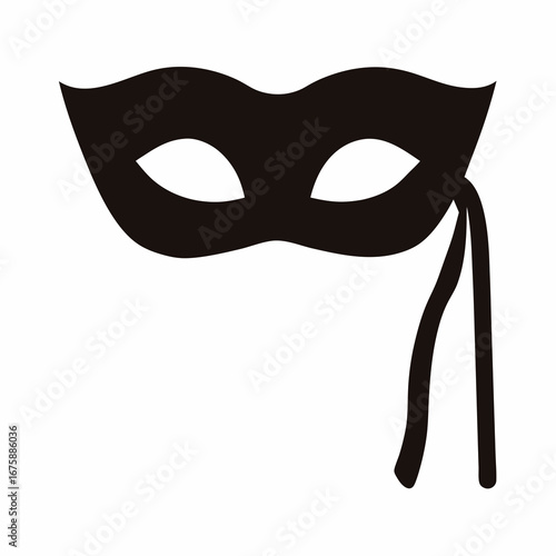A mysterious black carnival mask with strings over a white background
