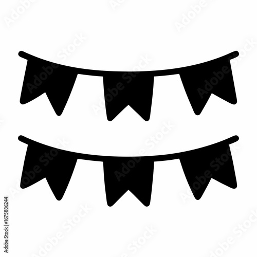 Two decorative banner garlands of black bunting flags strung up for party