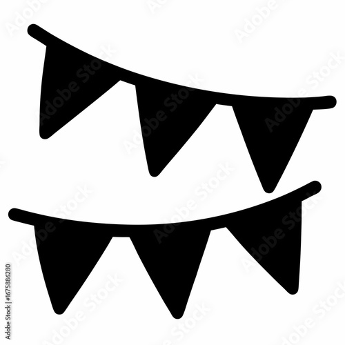 Two strings of black triangular party flags on white background for celebration