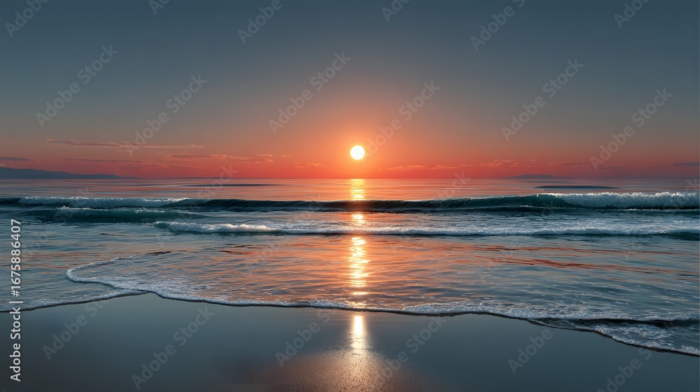 Fototapeta premium Stunning Sunset Over Calm Ocean Waters with Reflective Shores and Soft Clouds in the Sky