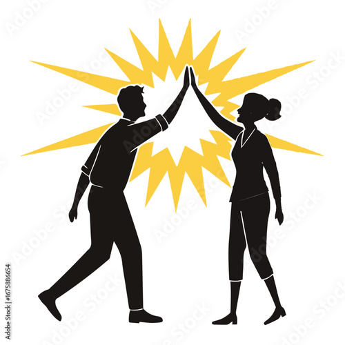 Silhouetted man and woman highfiving in front of a star burst isolated on white