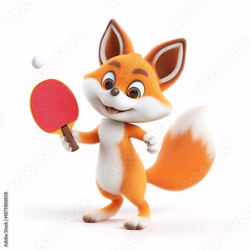 Cartoon Fox Playing Table Tennis in a Cheerful 3D Style on white background