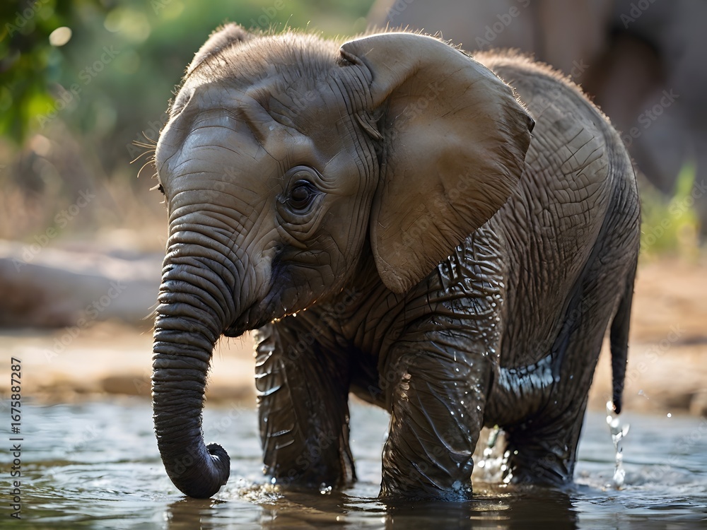 Fototapeta premium Adorable baby elephant wading in water, showcasing innocence and natural wonder